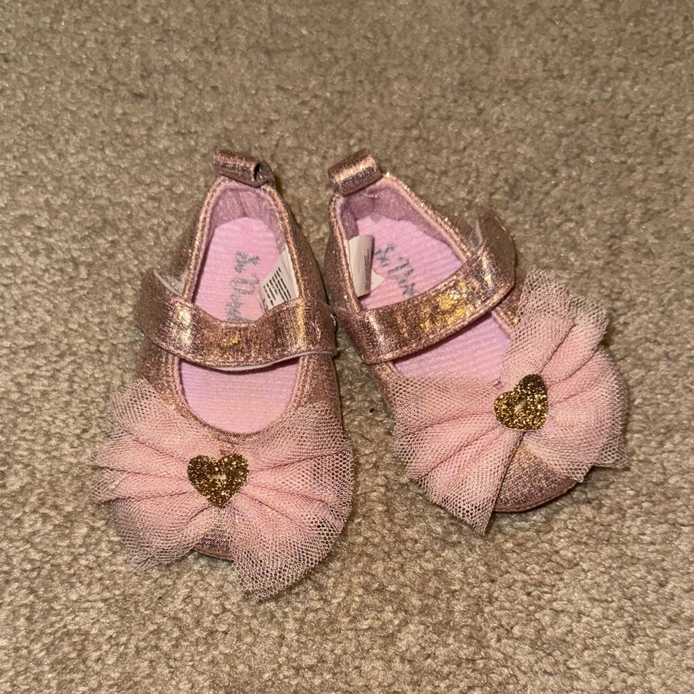 Pink Glitter Baby Shoes with Heart Bow Detail